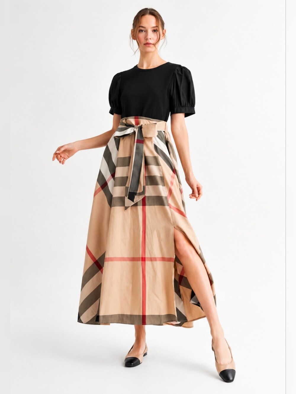 JODIFL Beige Plaid Tie-Waist Maxi Skirt with Black & Red Accents